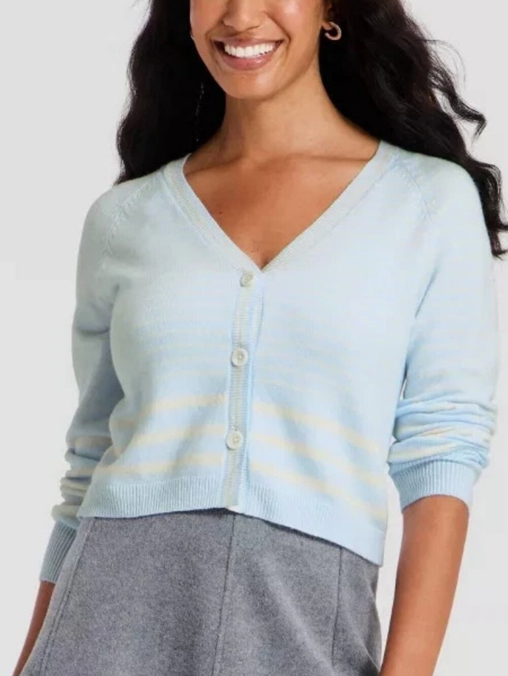 a new day Light Blue V-Neck Button-Front Cropped Sweater with Cream Stripes